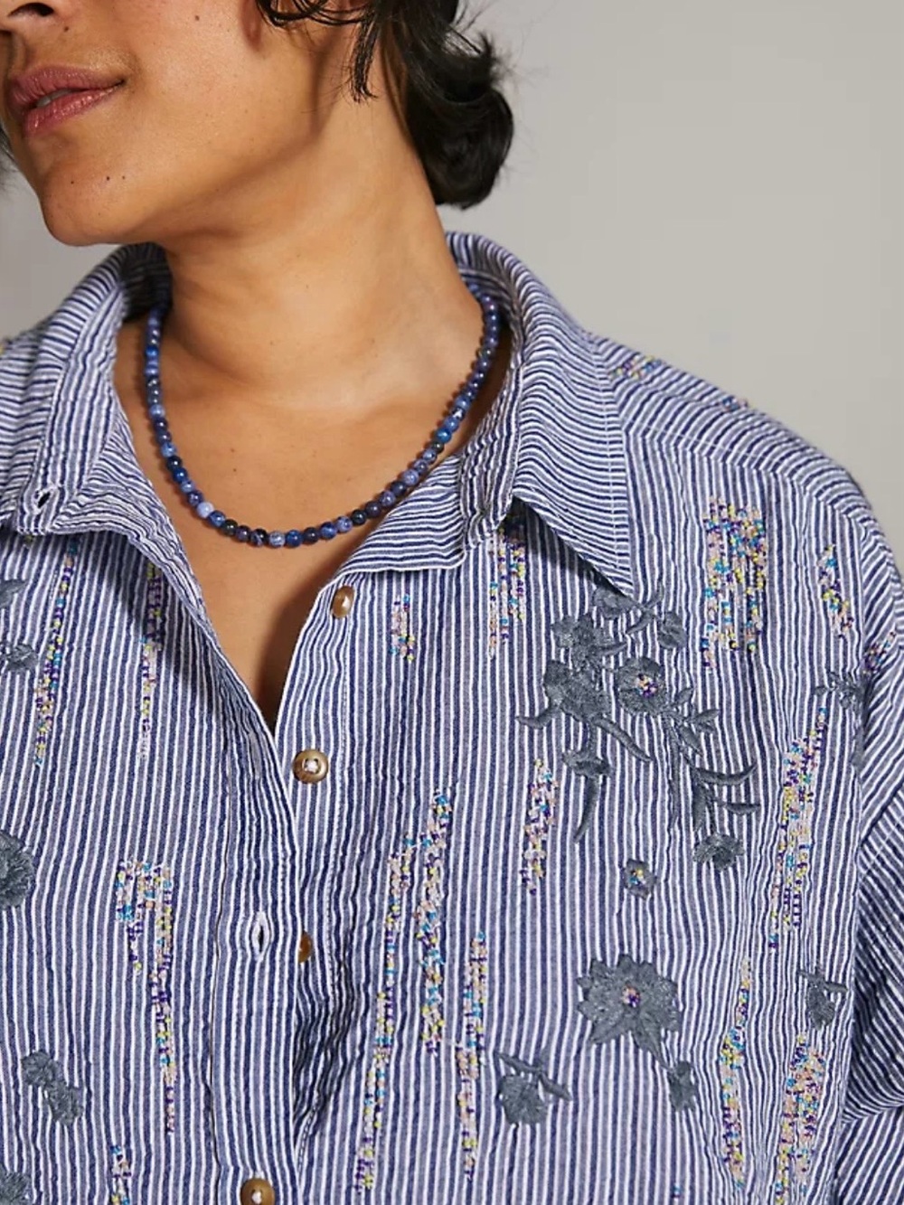 Pilcro Anthropologie Embroidered Beaded Striped Button Down Shirt M